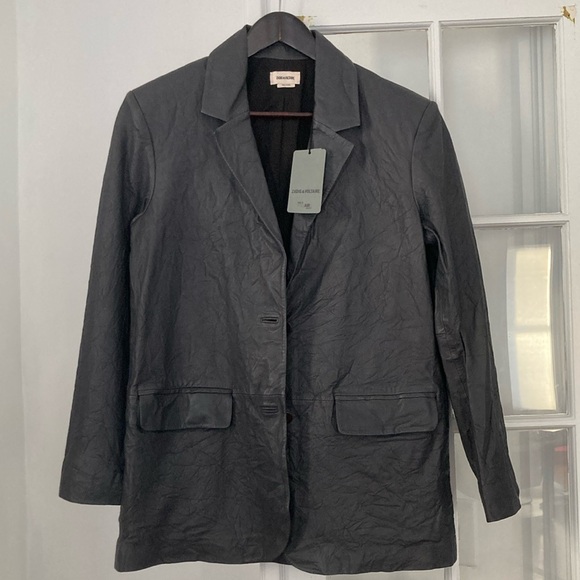 Zadig & Voltaire Lamb Leather Venturi Cuir Froisse Crinkle Effect Blazer - Picture 5 of 14